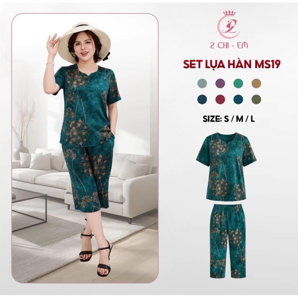 Set Đồ Bộ Trung Niên Lụa Hàn Co Giãn NiNa 19 – Quần Lửng Suông, Tặng Mẹ – Mặc Nhà Mát Mẻ, Ra Ngoài Vẫn Đẹp Dịu Dàng