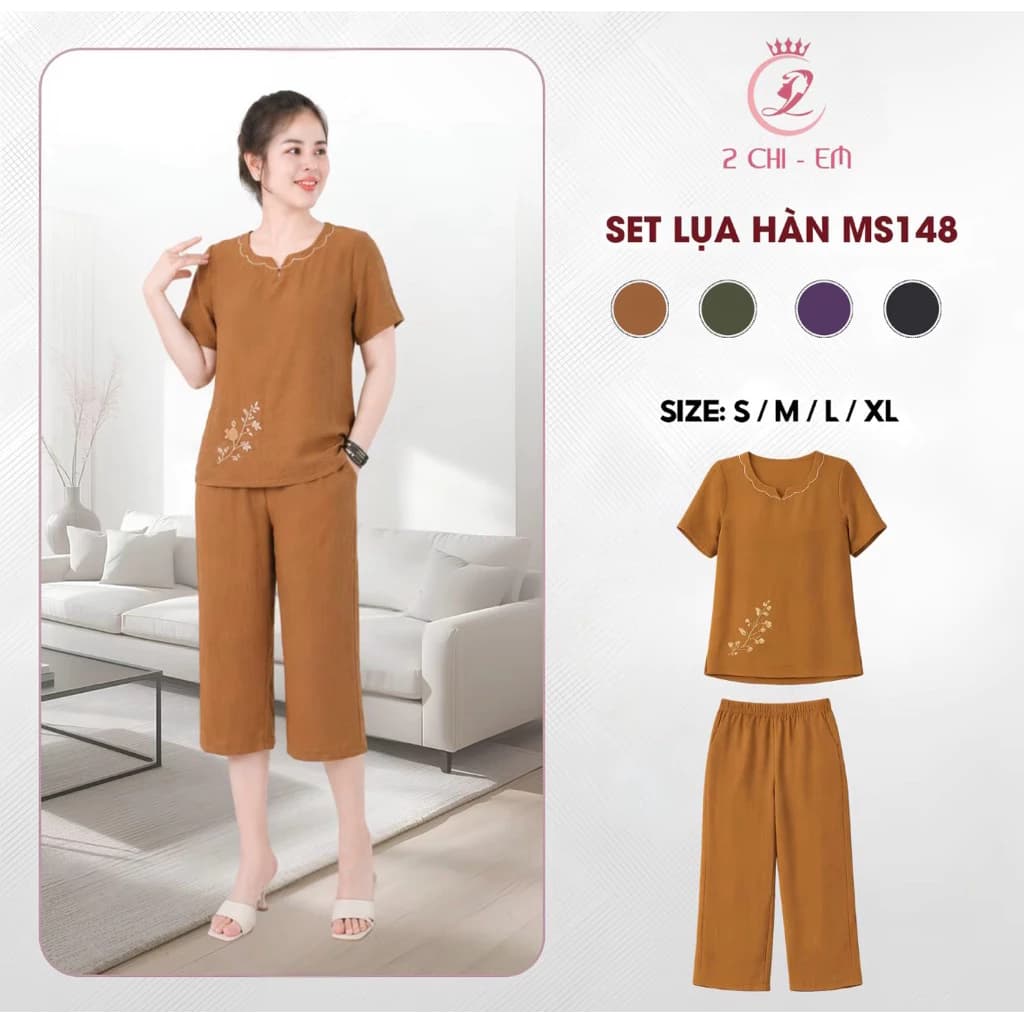 Đồ bộ trung niên, đồ cho các mẹ, quần lửng suông, chất lụa đũi thoáng mát  Ms148