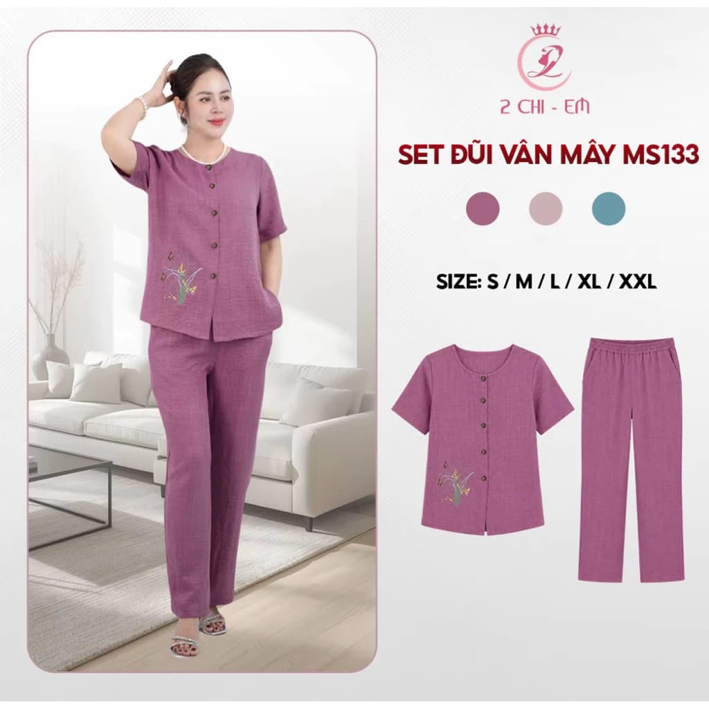 Đồ bộ trung niên, Sét đồ kiểu  cho các mẹ,quần dài suông, chất đũi vân mây thoáng mát  Ms133
