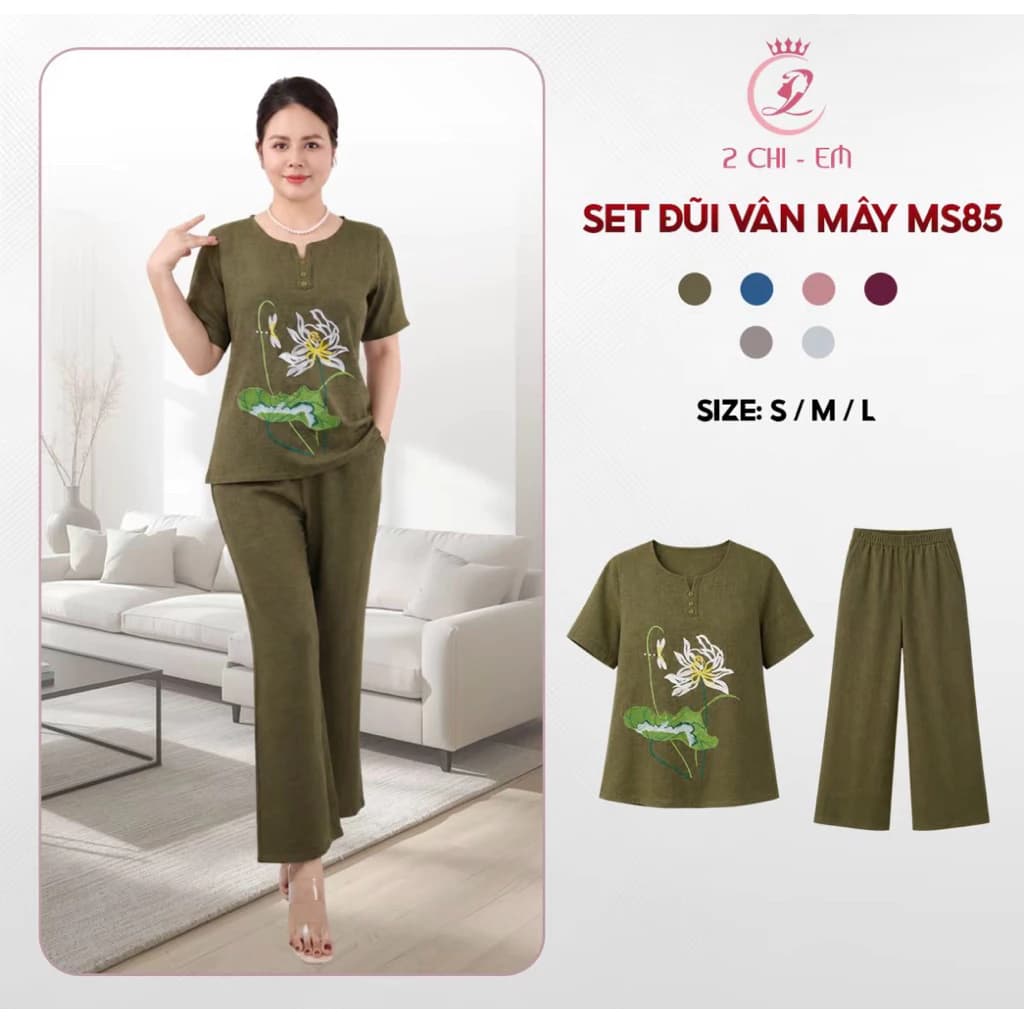 Đồ bộ trung niên đũi vân mây thoáng mát Ms85 – Quần dài suông, áo cổ cách điệu thanh lịch cho mẹ