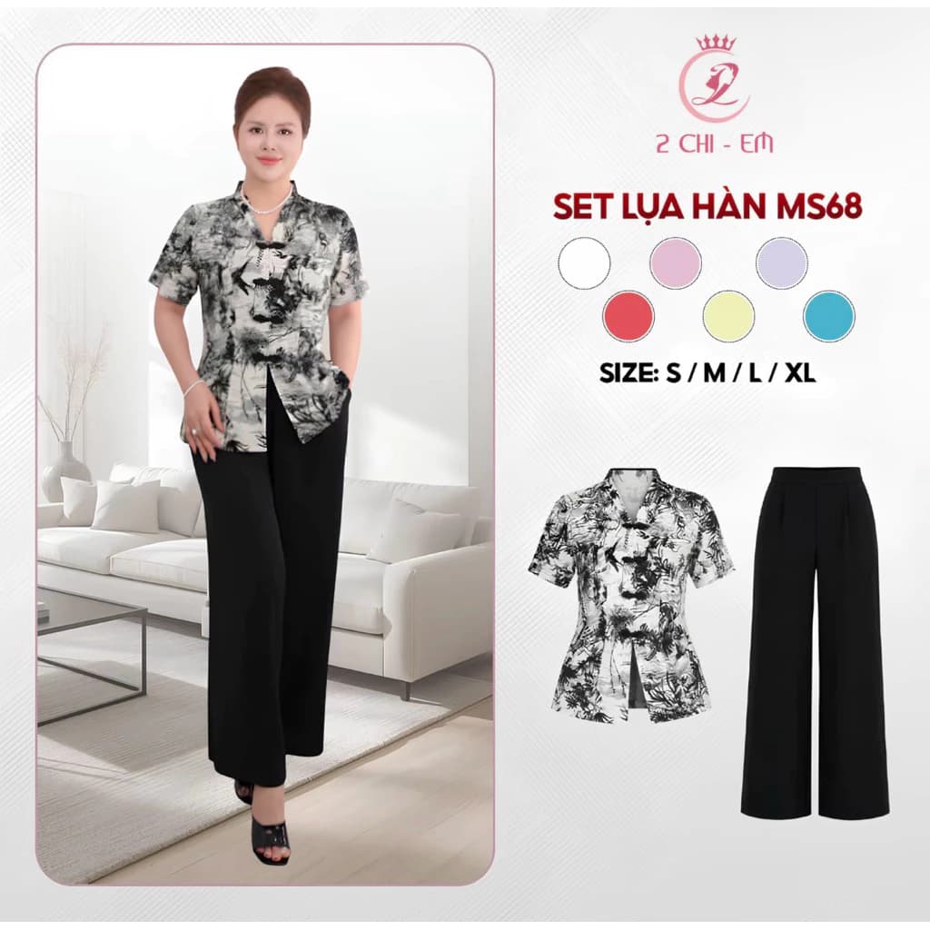 Đồ bộ trung niên lụa Hàn thoáng mát Ms68 – Quần dài ống suông, áo cổ kiểu thanh lịch cho mẹ