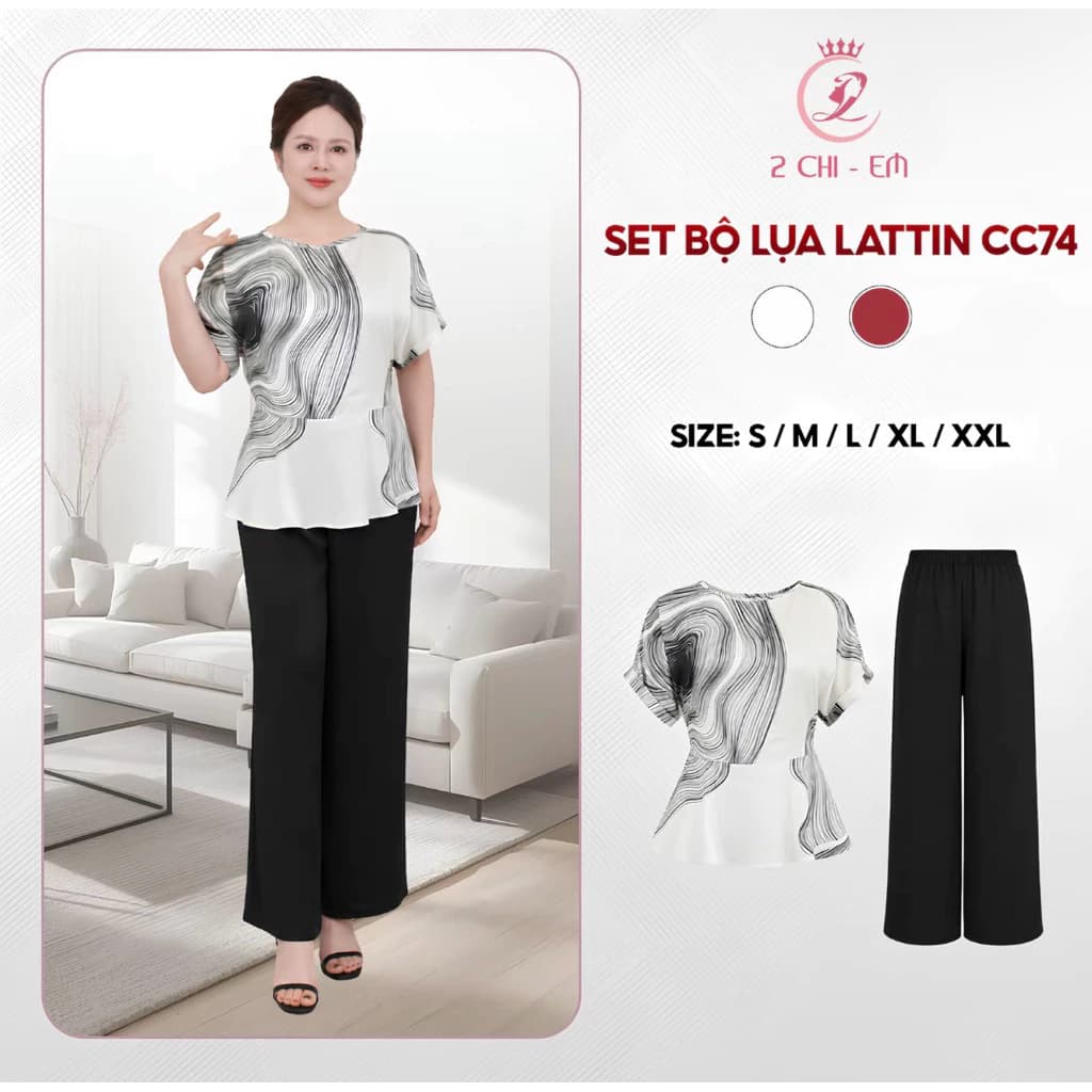 Đồ bộ trung niên, Sét đồ kiểu  cho các mẹ, quần dài suông rộng, chất lụa cao cấp thoáng mát  CC74