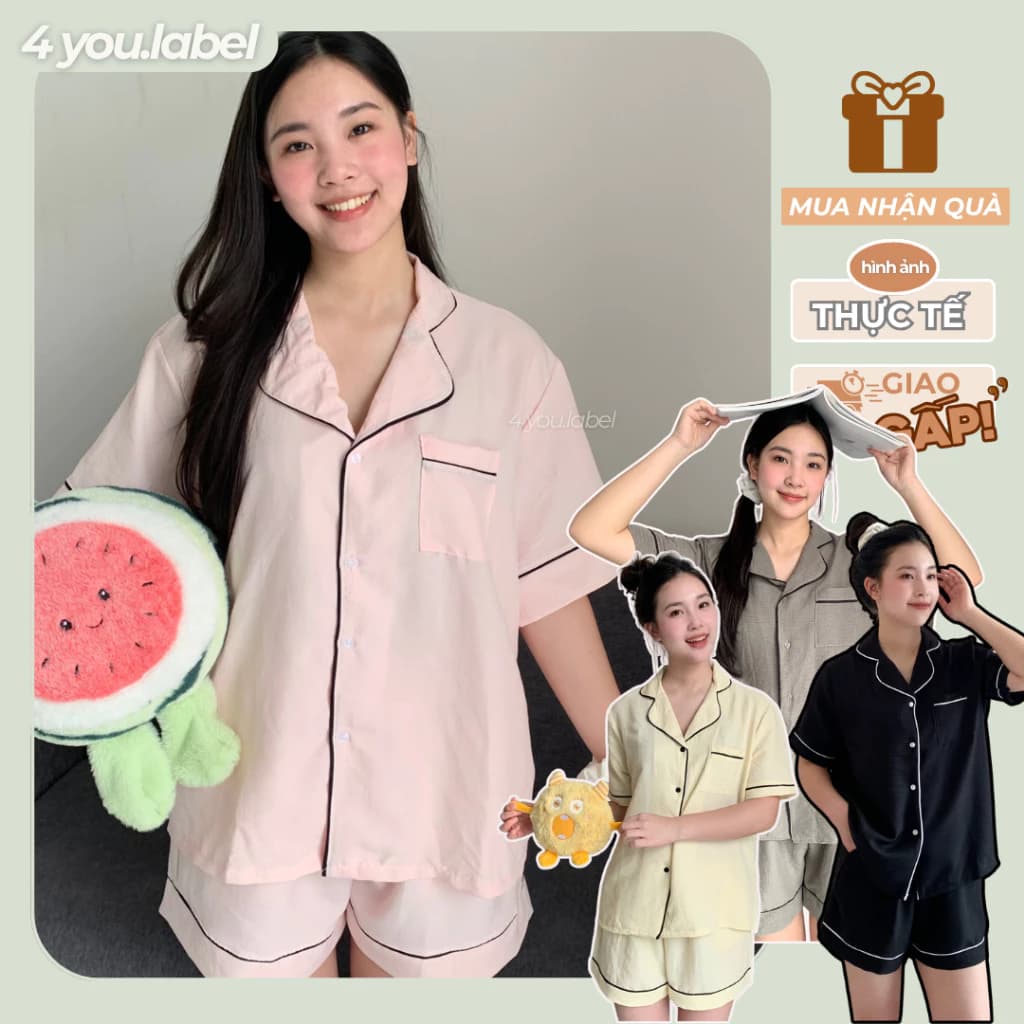 Bộ Đồ Ngủ Pijama Ngắn Tay Bo Viền Trơn Basic Chất Đũi Mềm Thoáng Mát Form Rộng Dễ Mặc Đơn Giản BN02 | 4YOU.LABEL