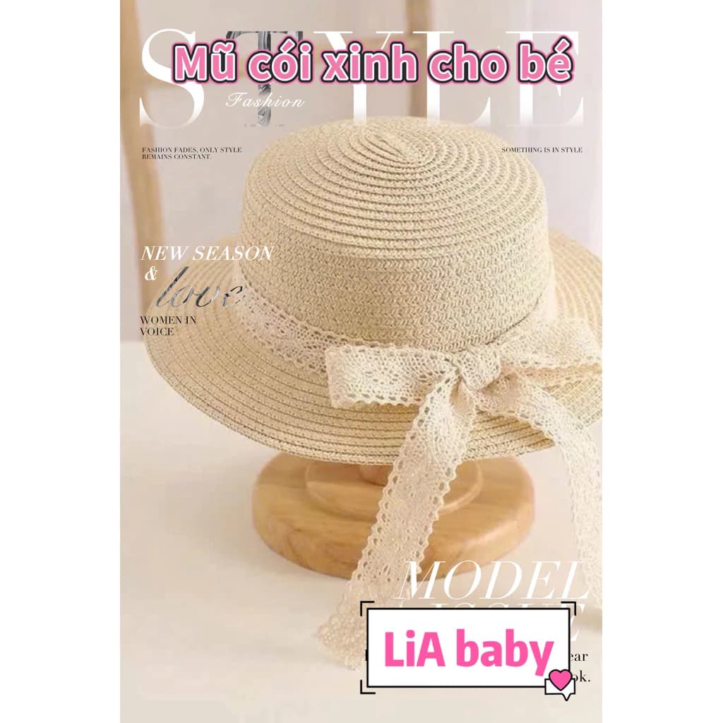 [Mới về ] Mũ cói vành cứng cho bé gái phối ren nơ xinh xắn cho bé đi biển (3-7tuổi)