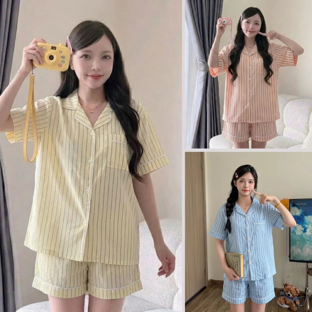 Bộ pijama họa tiết kẻ sọc dễ thương dáng suông thoải mái chất liệu mềm mại phù hợp xinh xắn SỌC70