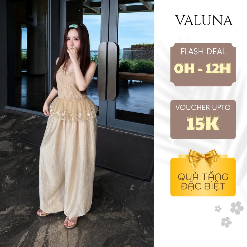 Set áo 2 dây nhún ngực phối ren quần suông nữ cao cấp mặc đi chơi du lịch resort sang chảnh VALUNA STORE 2682