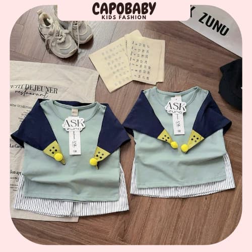 Bộ bé trai áo sát nách phối khăn cổ quần short sọc mềm mát phong cách Hàn Quốc  [B109]