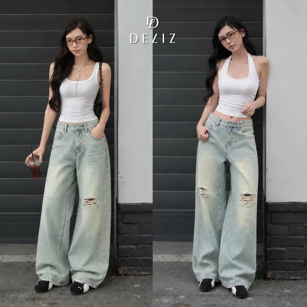 DELIZ - Quần jean nữ ống rộng cạp cao rách gối phong cách trẻ trung trendy DELIZ J418 (đã cắt sẵn khuy)