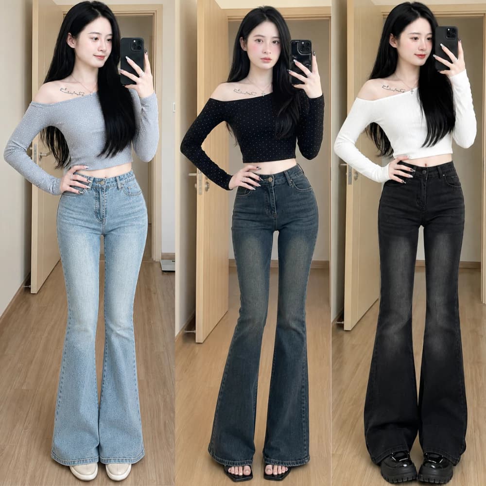 Quần bò nữ ống loe MIAA  dáng ôm màu RETRO, quần jeans loe cạp cao co giãn ôm eo nữ đủ size nhiều màu