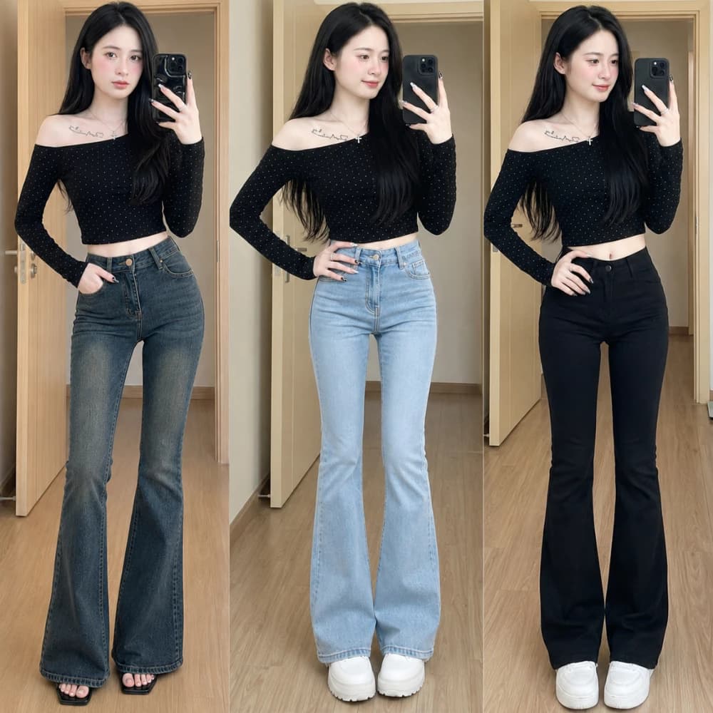Quân bò jean nữ ống loe MIAA Cạp Cao Đứng Co Giãn 4 chiều Màu RETRO, quần bò loe đen dài nữ cạp cao cực tôn dáng_Q21