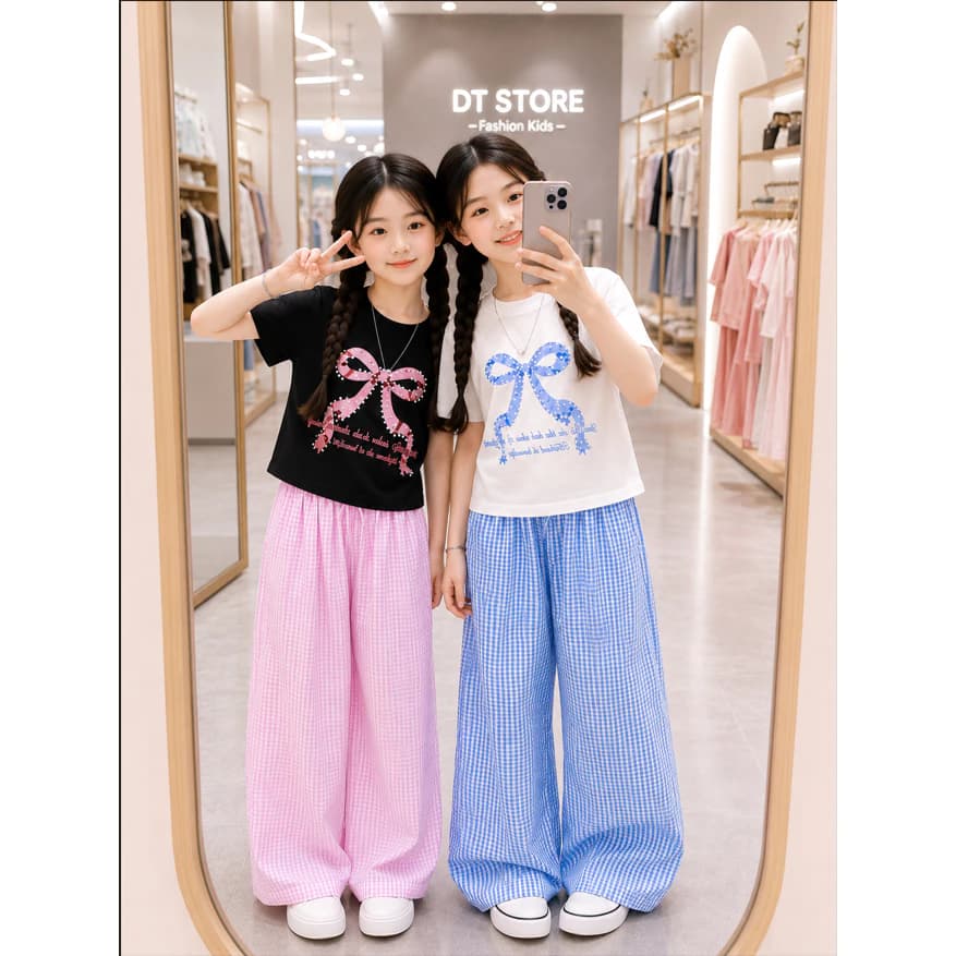 Sét Đồ Bộ Áo, Quần Suông In Hình Nơ Cho Bé Gái Size 13-44kg. Chất Cotton From rông. Model Suông Nơ