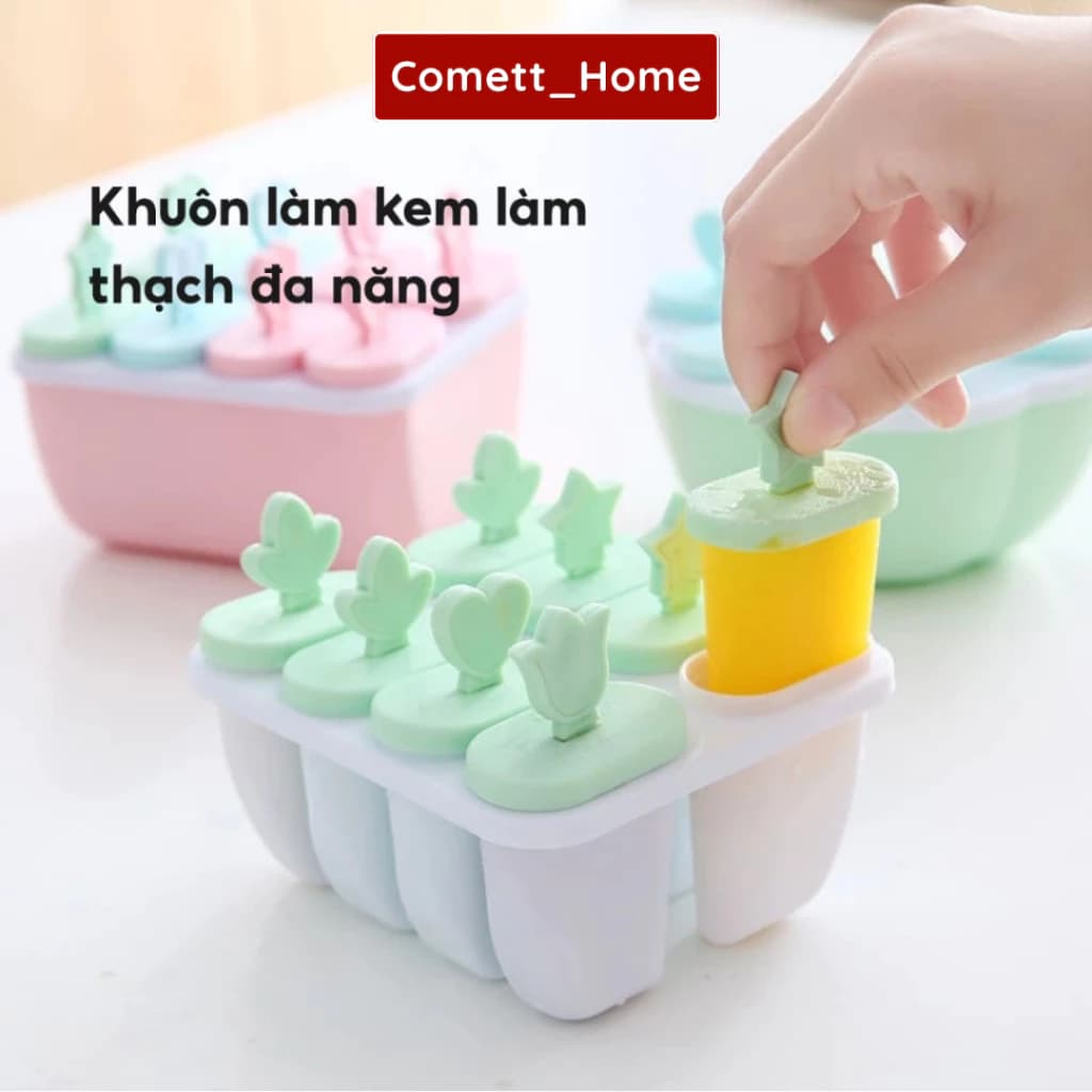Khuôn Làm Kem 8 Ngăn Nhựa PP An Toàn Sức Khoẻ Khay Làm Kem Que Thạch Hoa Quả Dễ Sử Dụng
