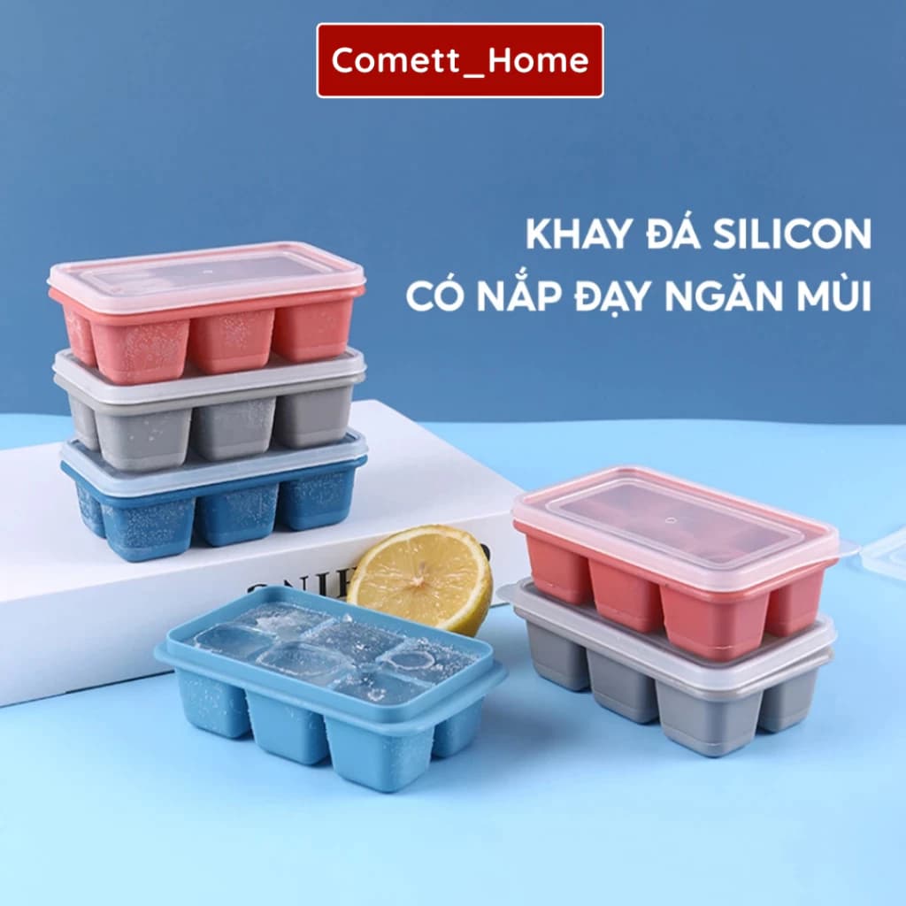 Khay Làm Đá Silicon 6 Ô Có Nắp Đậy Kháng Khuẩn Lạnh Lạnh, Khung Đá Làm Thạch