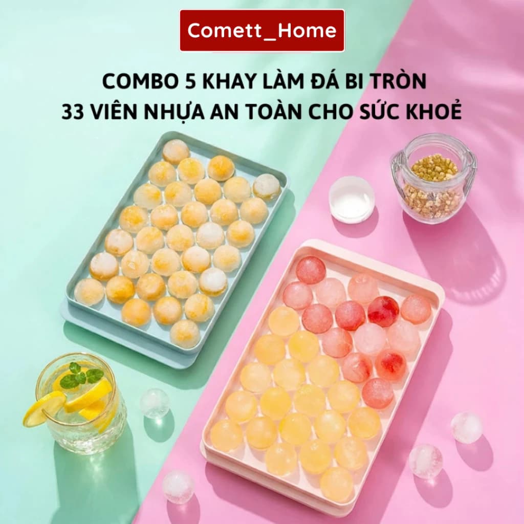 COMBO Khay Làm Đá 33 Viên Bi Tròn - Khuôn Làm Đá Có Nắp Nhựa PP An Toàn Cho Sức Khỏe
