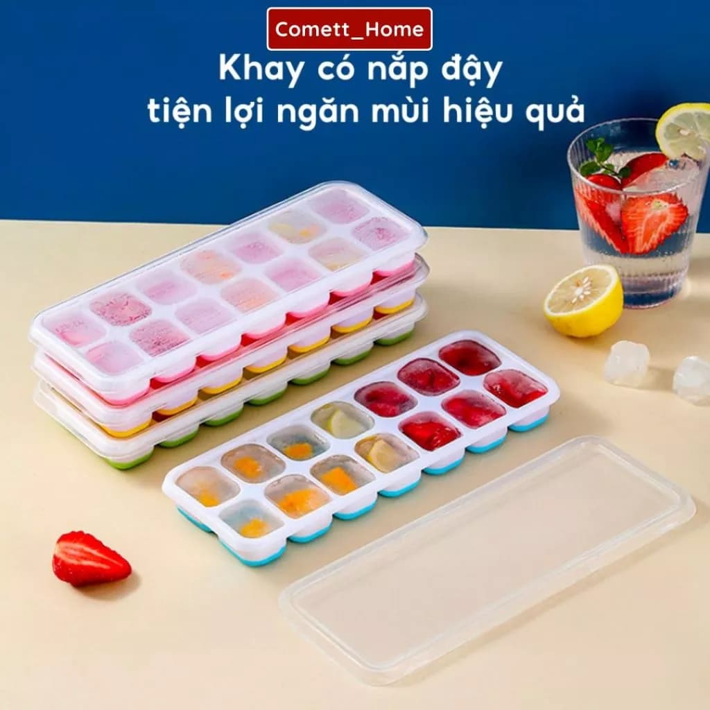 Khay Làm Đá 14 ô Silicon Size 23CM Có Nắp Đậy Kháng Khuẩn Chống Mùi Tủ Lạnh, Khuôn Làm Đá , Làm Thạch Cao Cấp