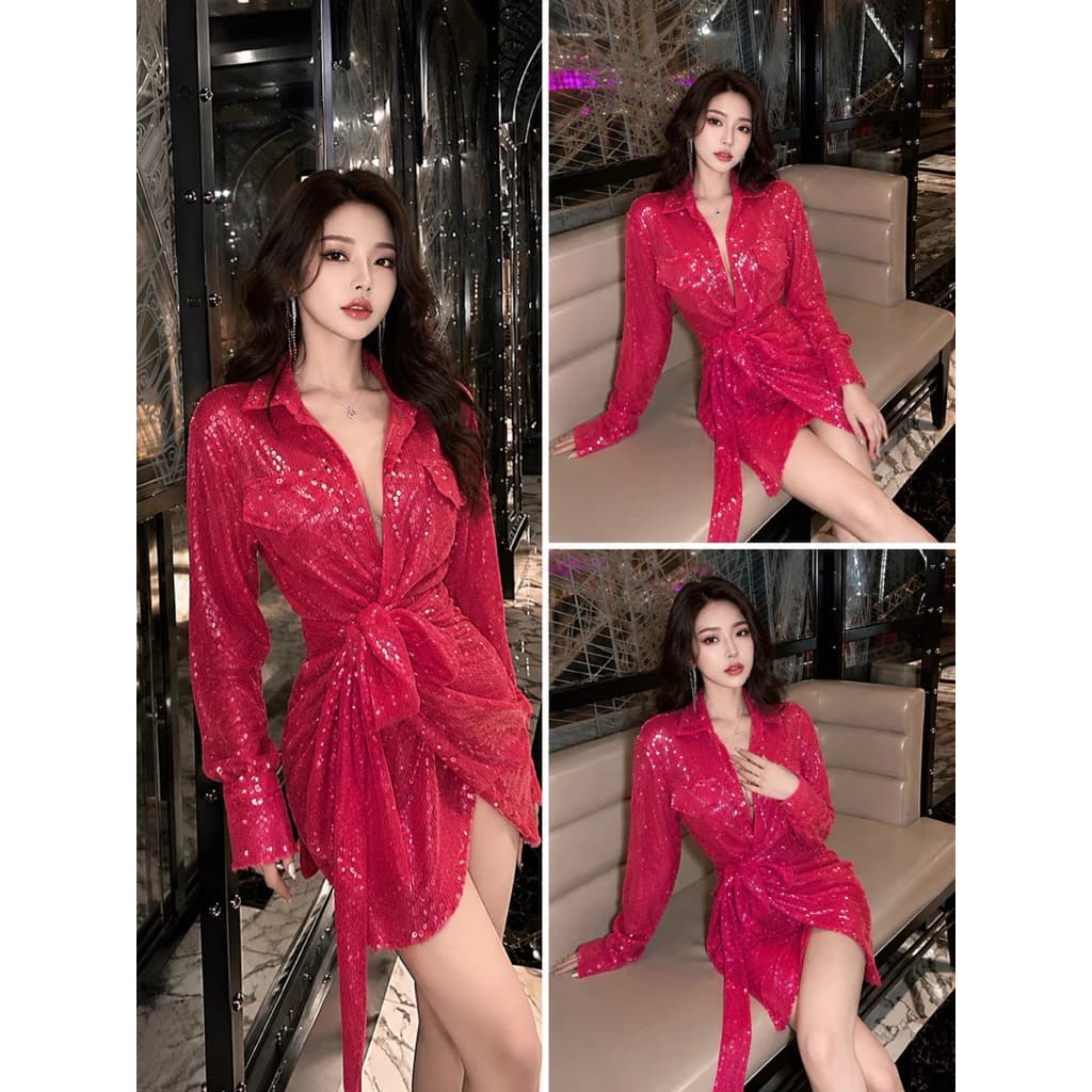 Đầm Kim Sa Hồng Dáng Quấn Tay Dài Sang Trọng Phong Cách Tiểu Thư Dự Tiệc Nổi Bật