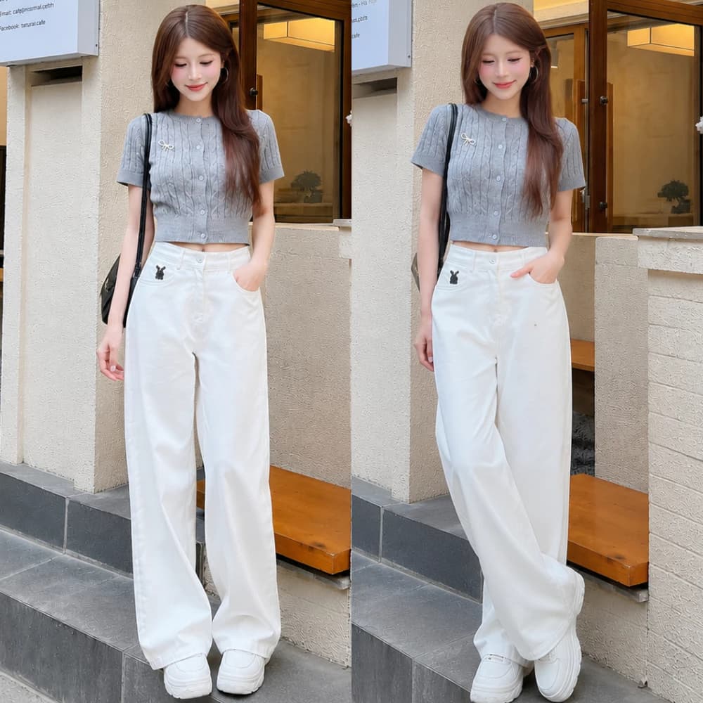 QUẦN JEANS ỐNG RỘNG NỮ LƯNG CAO THÊU THỎ MIAA TRƯỚC MÀU TRẮNG  LAI CUỐN SIÊU HOT HIT XỊN SÒ