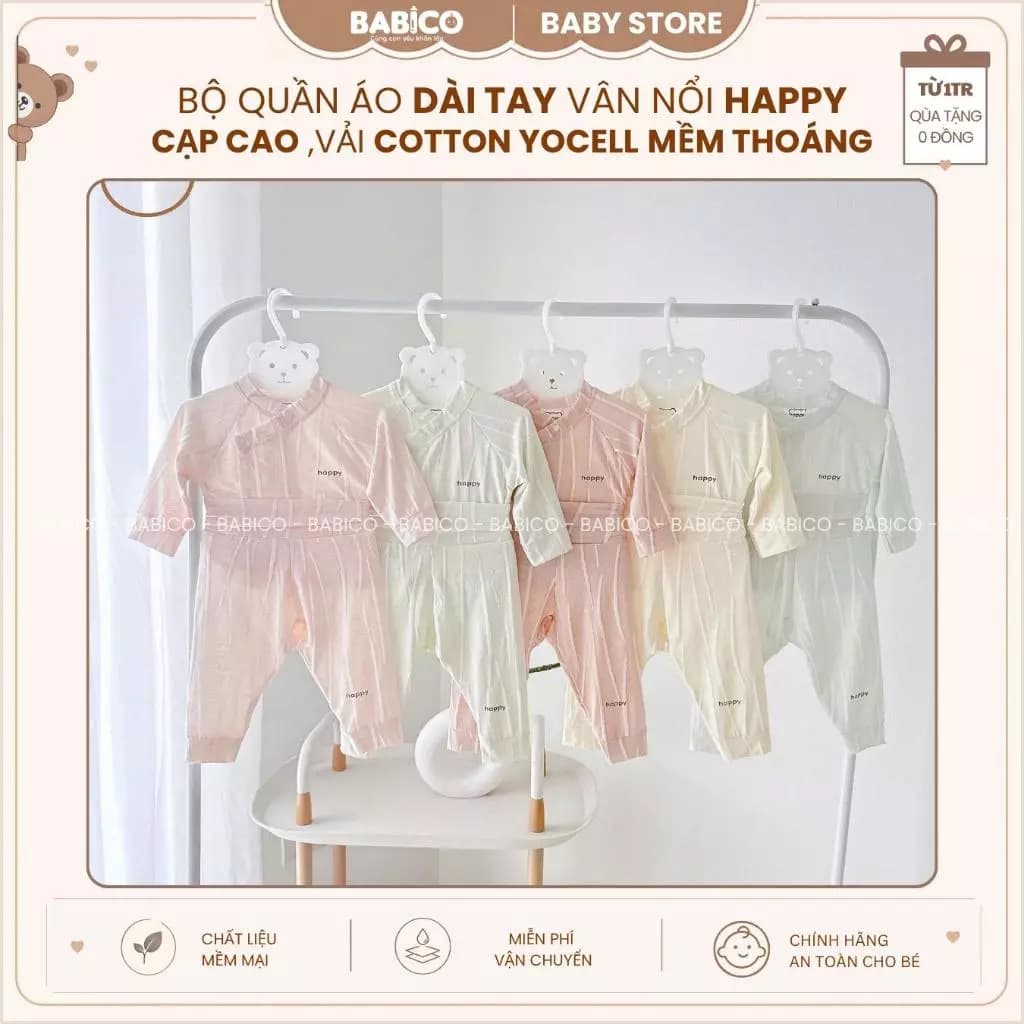 Bộ Quần Áo Dài Tay Sơ Sinh Cạp Cao Happy Vải Cotton Yocell Vân Nổi Sinh Thái Mềm Thoáng Cho Bé 3-9kg