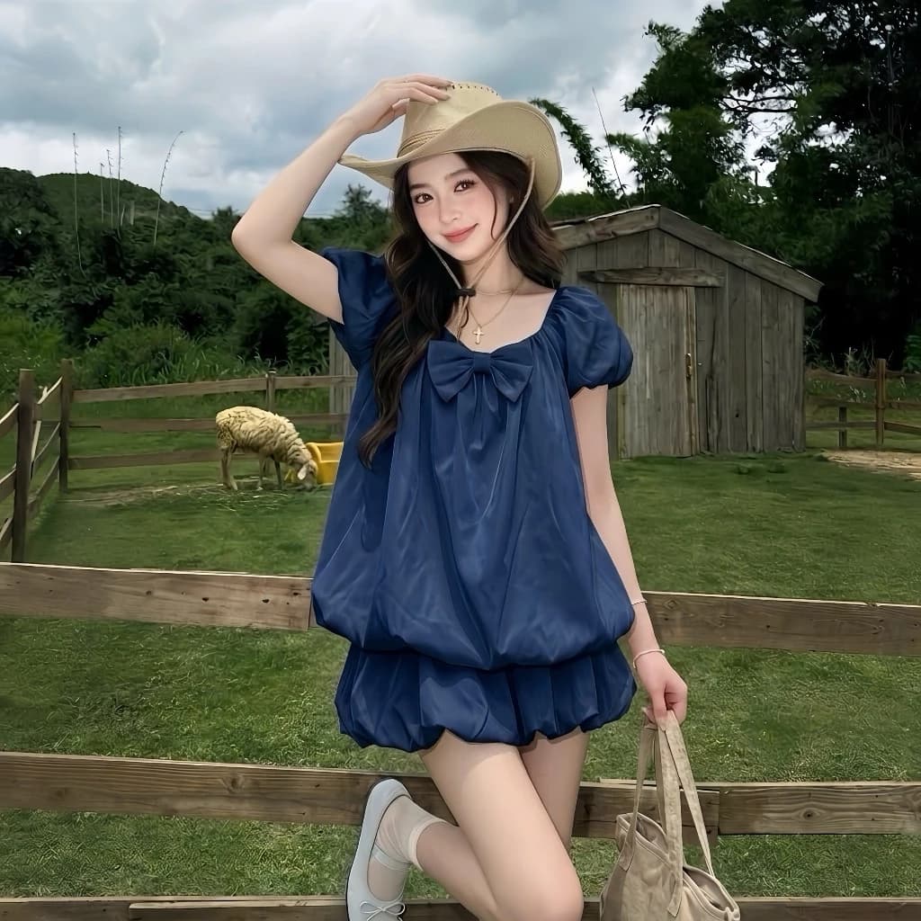 (KÈM CHÂN VÁY BÍ) Set Áo kiểu nữ S244 chất gió hàn họa tiết babydoll dáng bí phồng kèm nơ tiểu thư ngắn tay form rộng