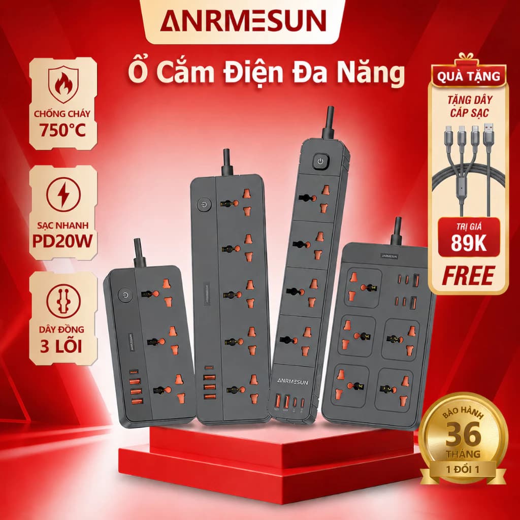 Ổ Cắm Điện Đa Năng ANRMESUN Thông Minh Chống Cháy Chống Sét 2500W USB Type-C Sạc Nhanh 20W An Toàn 3 Lõi Đồng Cầu Chì 2M
