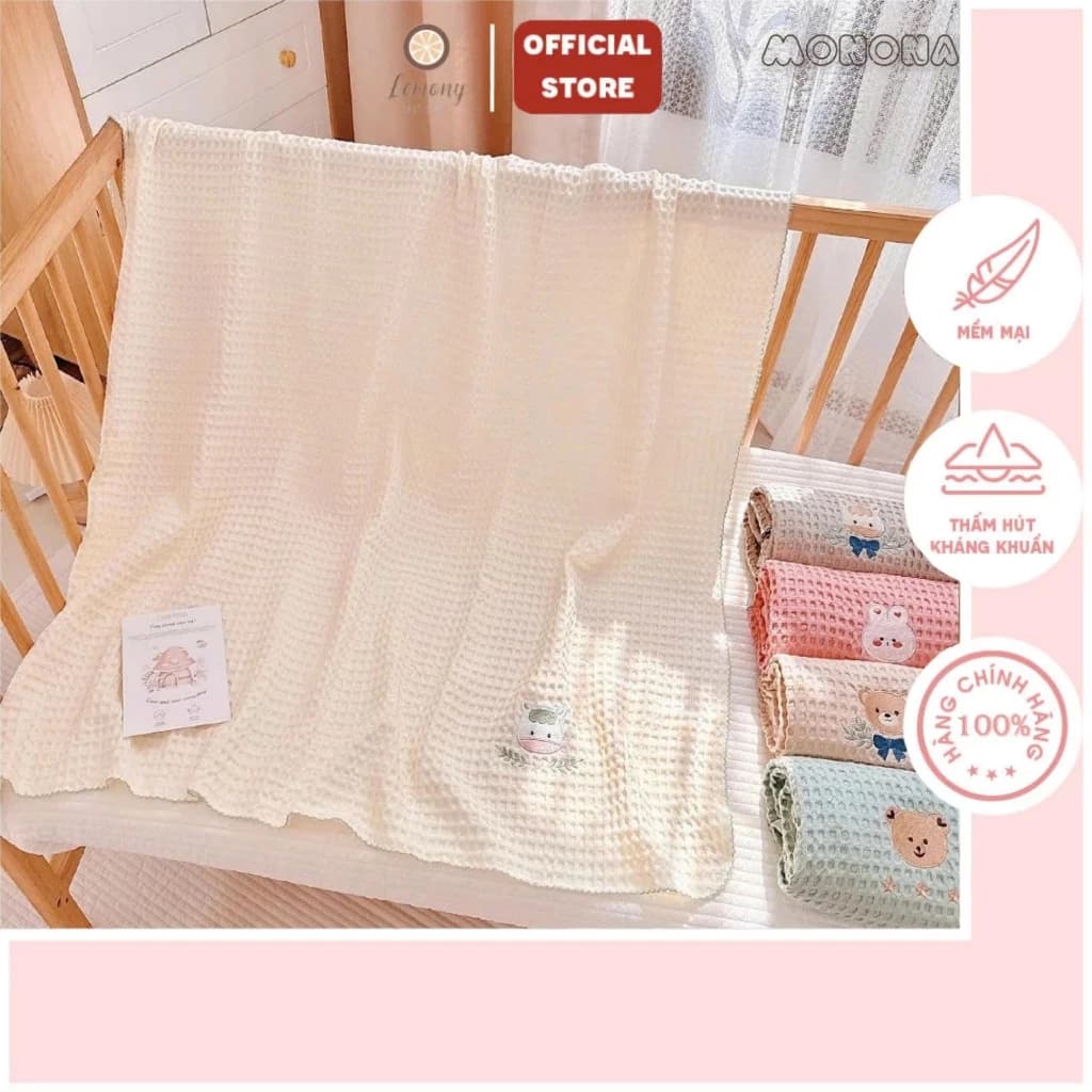 Chăn lưới Hàn Quốc, chăn đắp cho bé chất liệu Cotton Waffle thoáng khí, họa tiết dễ thương