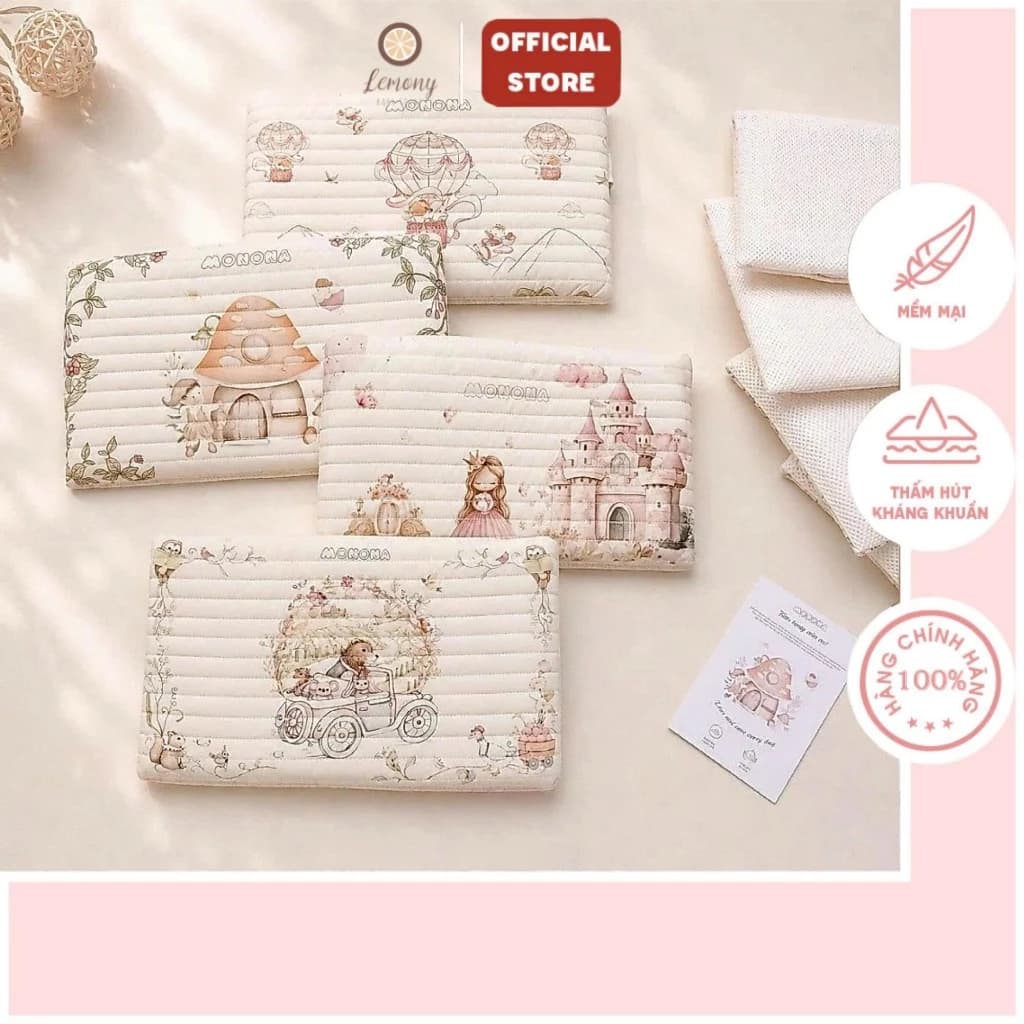 Gối Cao Su Non Cho Bé Monona 2 Mặt Cotton & Lưới Airmesh Thoáng Khí 25x35cm Họa Tiết Cổ Tích