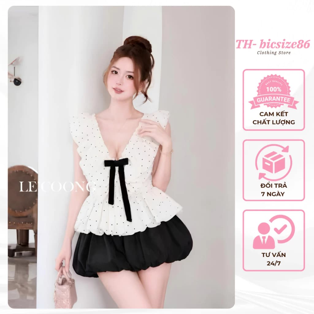 Set áo kiểu nữ cổ V tay bồng thắt eo phối chân váy bí form dưới 60kg