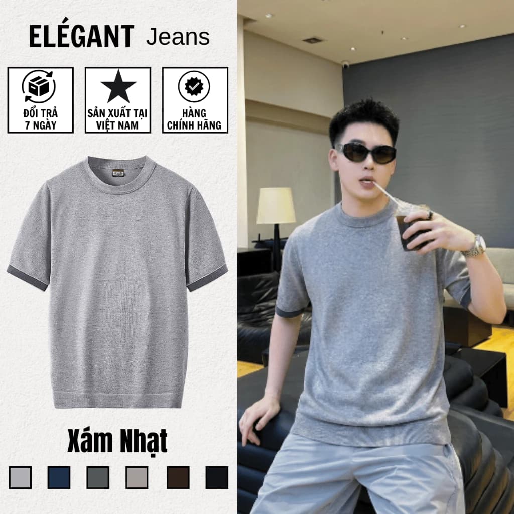 Áo Thun Dệt Kim Nam Cao Cấp Màu Xám Nhạt, Sợi VISCOSE PREMIUM Thoáng Mát, Áo Thun Nam Form Regular