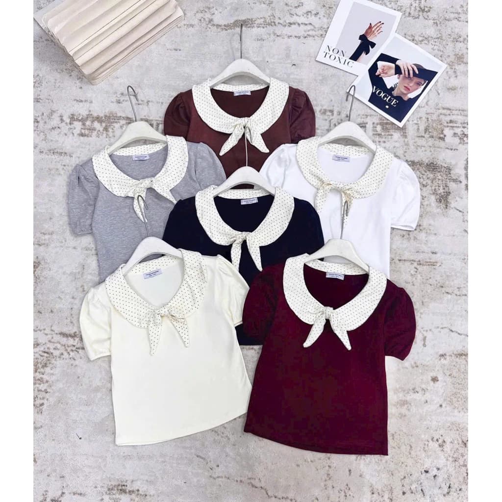 Áo Thun Cổ Sen Nơ Chấm Bi - Style Tiểu Thư Sang Chảnh 🎀