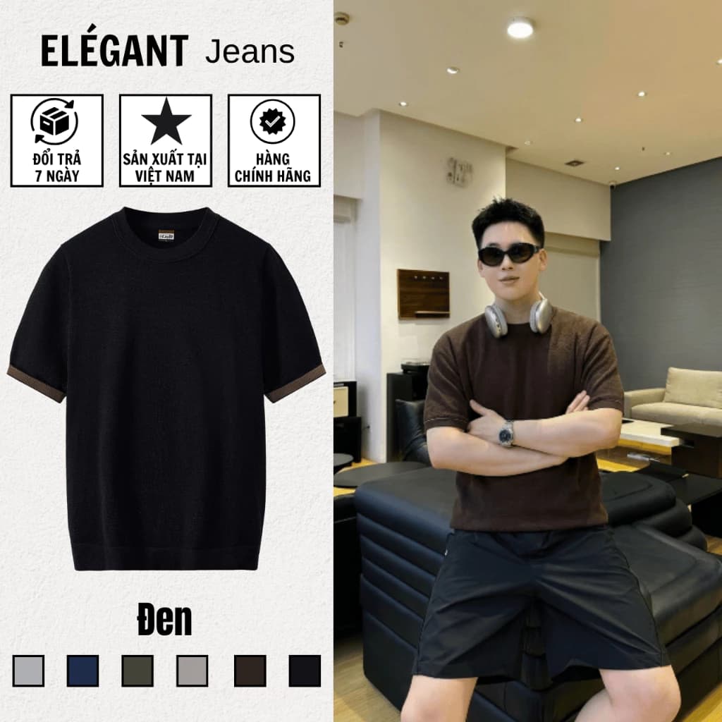 Áo Thun Dệt Kim Nam Cao Cấp Màu Đen, Sợi VISCOSE PREMIUM Thoáng Mát, Áo Thun Nam Form Regular