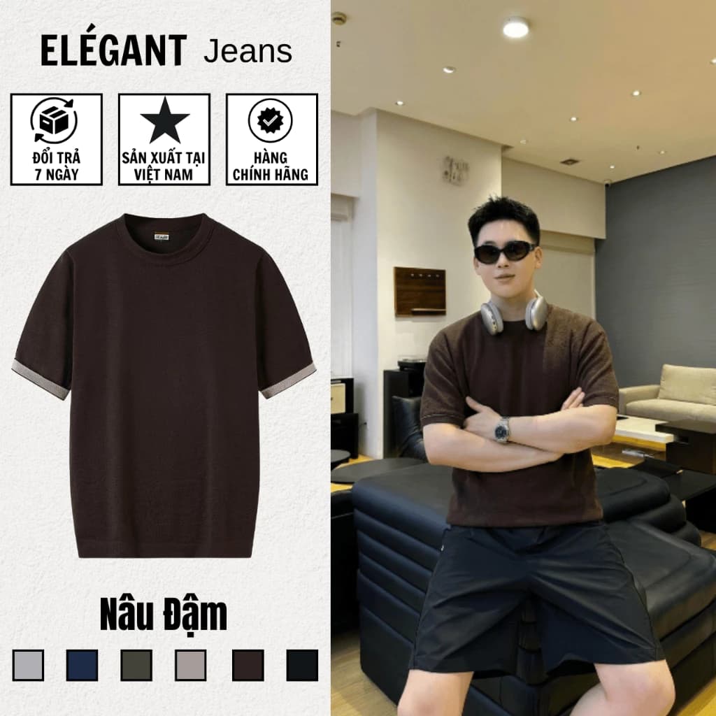 Áo Thun Dệt Kim Nam Cao Cấp Màu Nâu Đậm, Sợi VISCOSE PREMIUM Thoáng Mát, Áo Thun Nam Form Regular