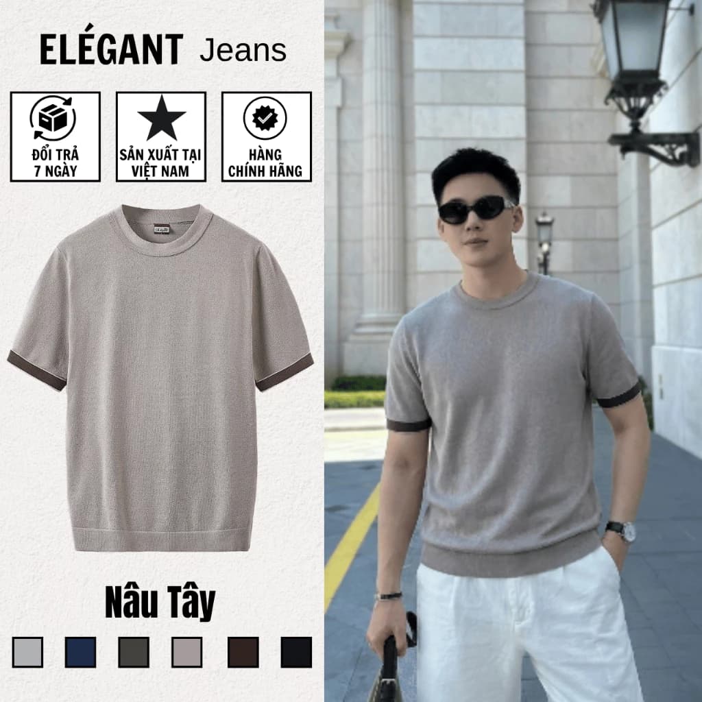 Áo Thun Dệt Kim Nam Cao Cấp Màu Nâu Tây, Sợi VISCOSE PREMIUM Thoáng Mát, Áo Thun Nam Form Regular