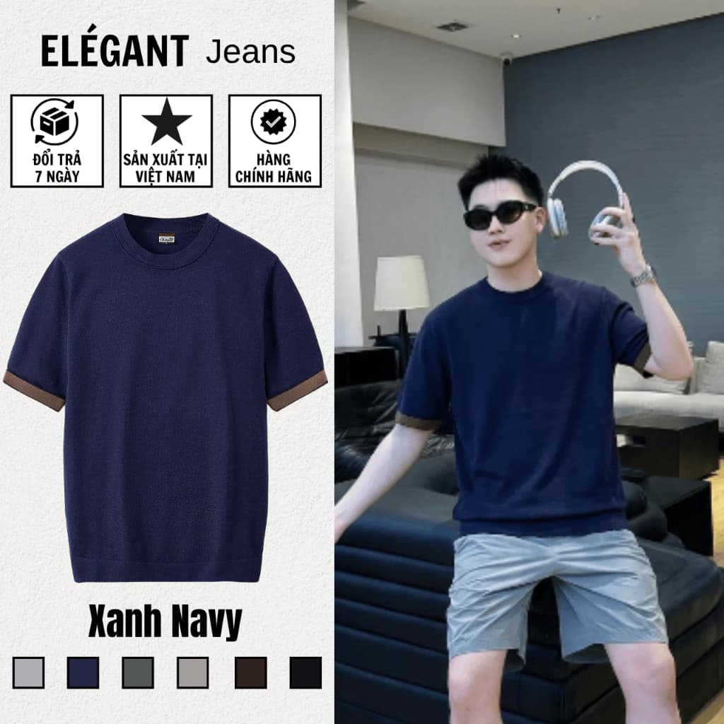 Áo Thun Dệt Kim Nam Cao Cấp Màu Xanh Navy, Sợi VISCOSE PREMIUM Thoáng Mát, Áo Thun Nam Form Regular