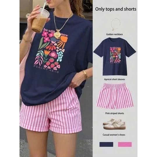 Sét bộ mùa hè cho nữ áo phông ngắn tay in hình mix đùi quần sọc cotton menina_studio, sét nữ mùa hè 2026 thời trang
