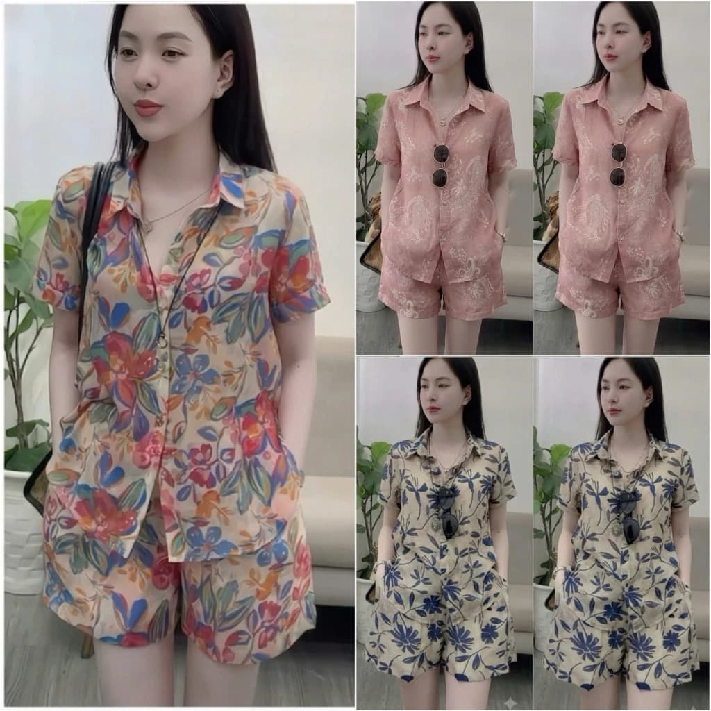 HT42. Sét bộ sơ mi hoa chất tơ hàng đẹp. Sét đi biển đủ size 40-70kg vừa. Chất liệu tơ mềm nhẹ mát hạn chế nhăn