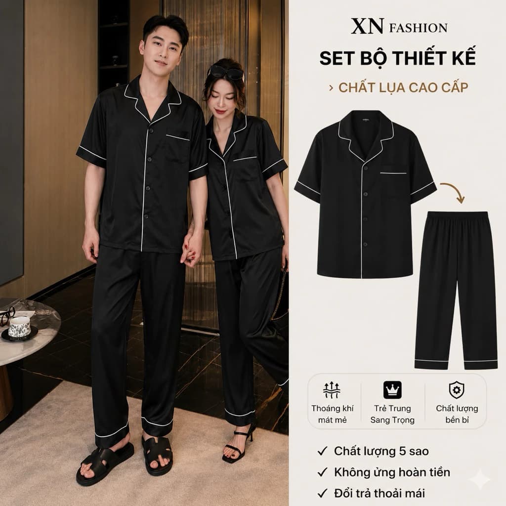 XN_Fashion [ DEAL MỞ BÁN ] Bộ quần áo ngủ ,bộ lụa pijama xuân thu nam nữ cộc tay quần dài cao cấp sz từ 40-87kg