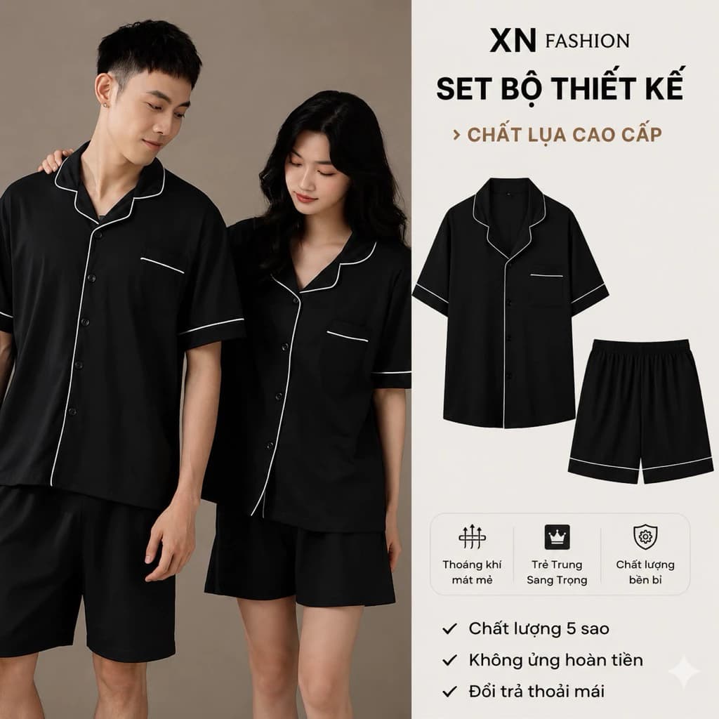 [ DEAL ĐẦU HÈ ]  bộ đồ ngủ lụa  mặc nhà đùi  trơn đen viền trắng cho các cặp đôi chất lụa cao cấ