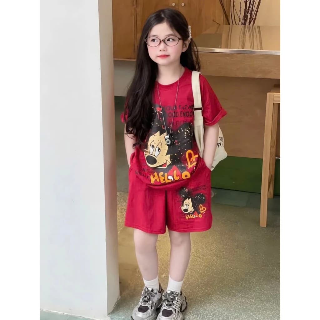 [A32] Set bộ bé gái in hình chuột Mickey, đồ bộ cotton mặc đi học đi chơi dạo phố mùa hè màu đỏ tím hồng 9 - 44kg