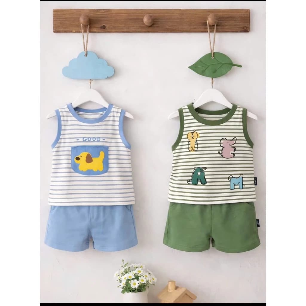 [A33] Bộ ba lỗ kẻ ngang cho bé, set áo sát nách quần short cotton mặc nhà đi chơi mùa hè cho bé 8 - 21kg
