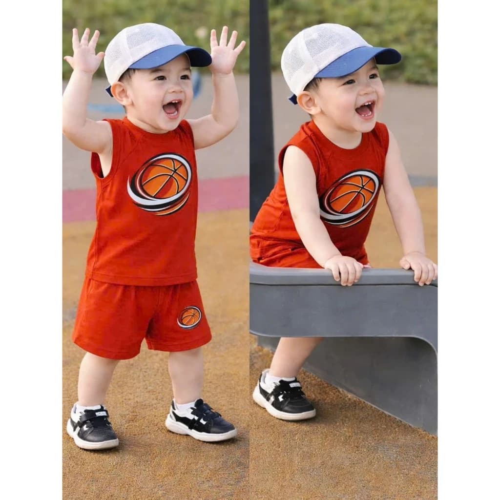 [A34] Bộ ba lỗ bé trai in hình bóng rổ, set áo sát nách quần short thun cotton mặc hè đi chơi cho bé 8 - 21kg