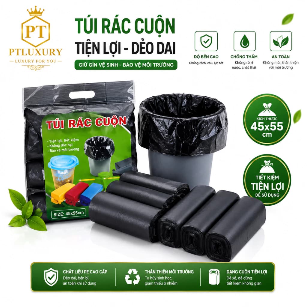 [ COMBO 5 TÚI 15 QUẬN ] Túi Rác Tự Phân Hủy Thiết Kế Sinh Học Kích Thước Lớn 55*65 Cm Tiện Lợi - PTLUXURY