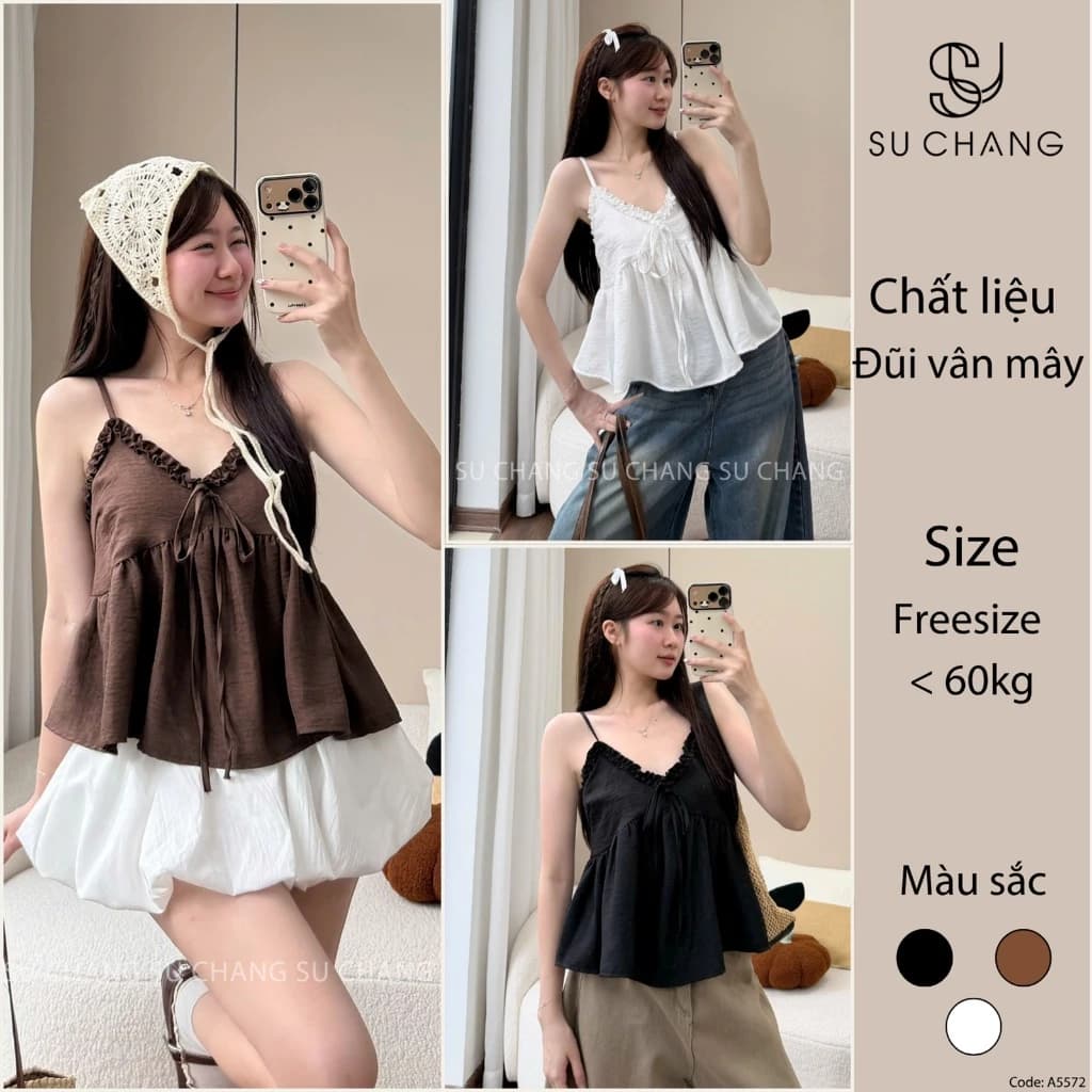 Áo 2 Dây Viền Bèo Nơ Ngực Chun Lưng A5572 Su Chang Thời Trang Nữ