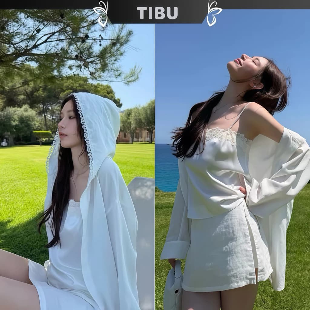 TIBU - Set Ba Món Áo Lụa Hai Dây Phối Áo Khoác Nón Ren Chân Váy Ngắn Sang Chảnh Đi Chơi Dạo Phố Mùa Hè B768