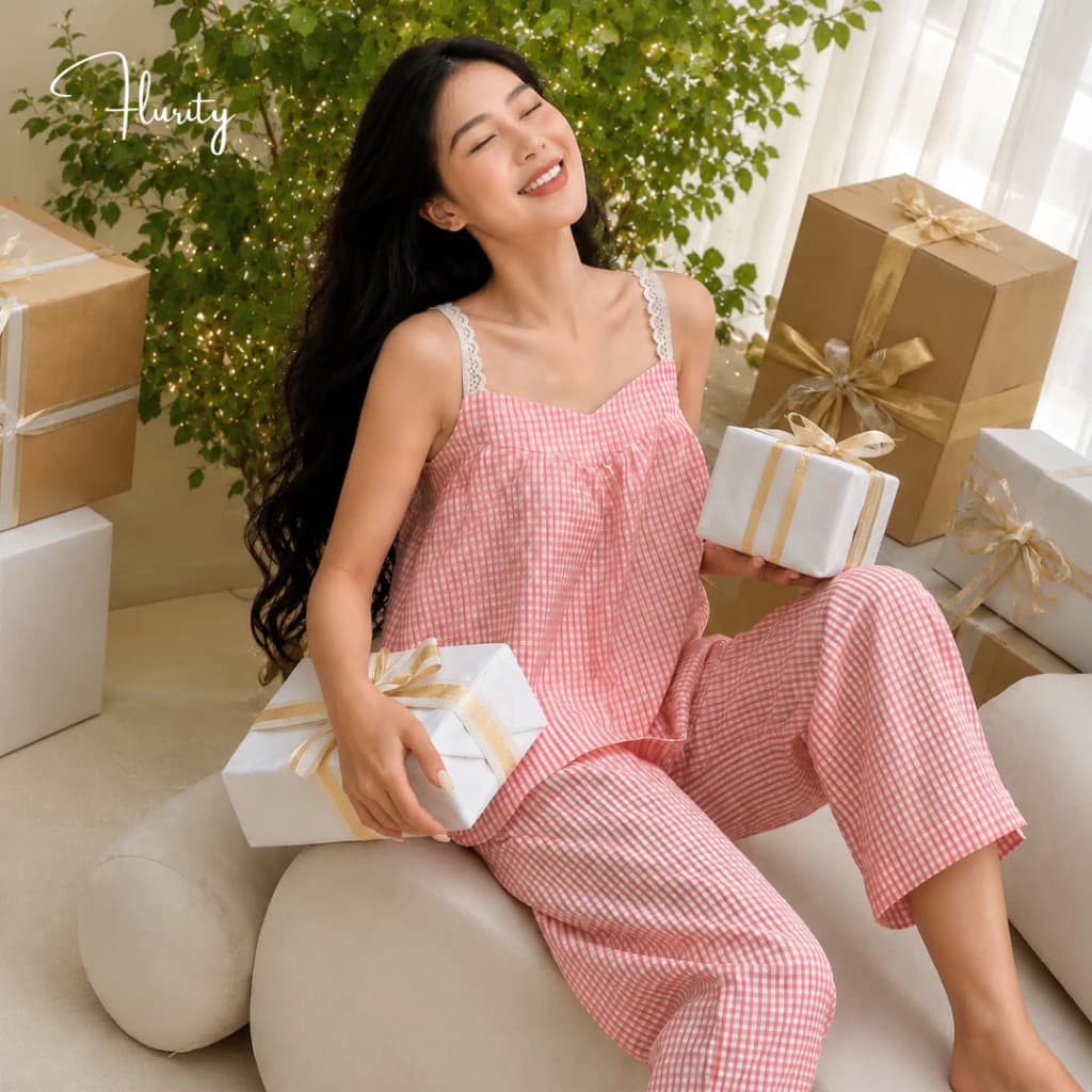 Set Bộ Đồ Quần Áo Nữ Thiết Kế Ngủ Mặc Nhà Form Rộng Dây Bản Ren Quần Dài Xốp Đũi FLURITY - VIVA PYJ2303