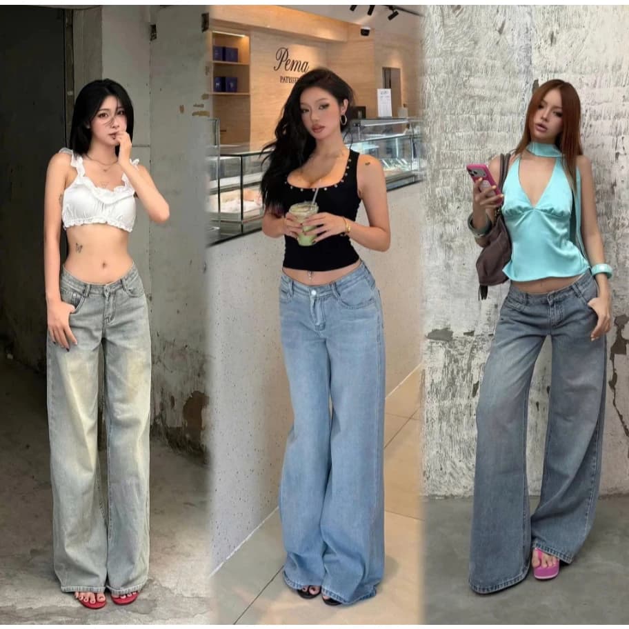 Quần jean nữ lưng thấp ống rộng phong cách y2k QJY-821
