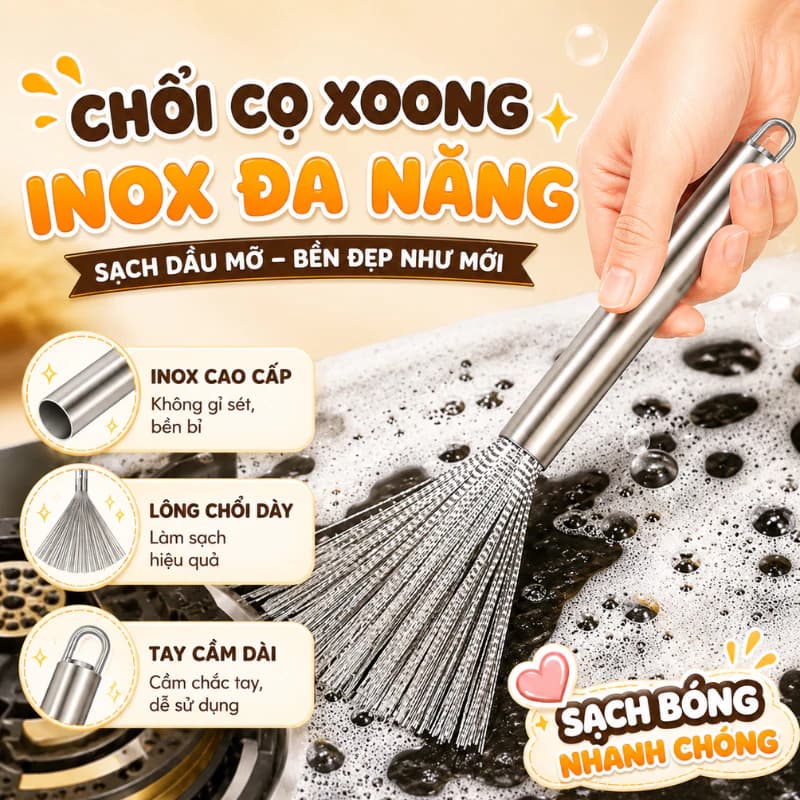 Bàn Chải Rửa Bát Cọ Xoong Nồi INOX 304, Chổi Cọ Bát Đĩa Vệ Sinh Nhà Bếp Có Tay Cầm Chống Trầy Xước Tay