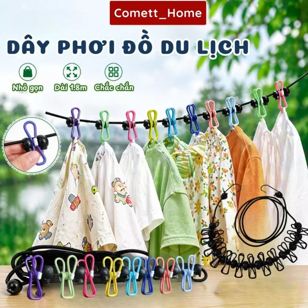 Dây Phơi Quần Áo Du Lịch 12 Kẹp - Dây Phơi Di Động Co Dãn,Chống Gió, Móc Carabiner Treo Quần Áo Tiện Lợi Cắm Trại