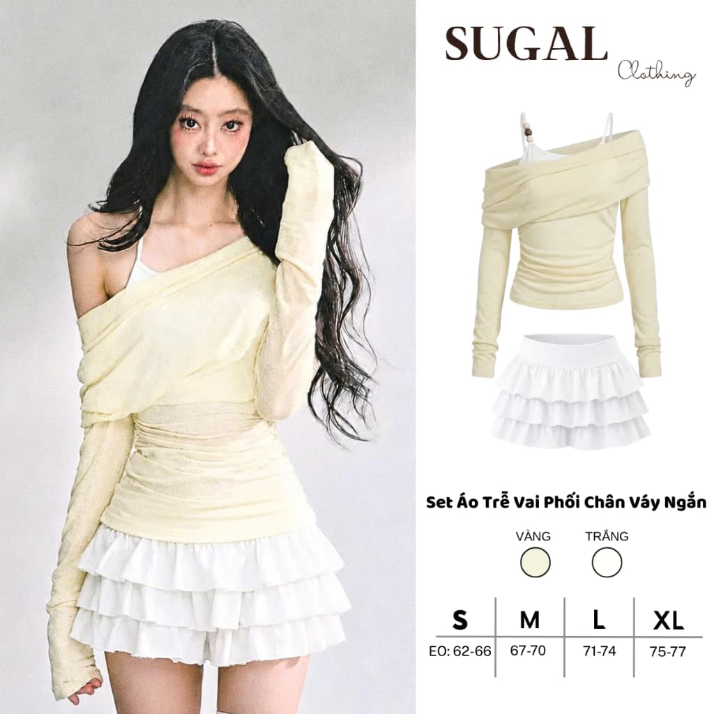(Màu Mới) SUGAL - Set Áo Thun Trê Vai Kèm Áo Hai Dây - Phối Cùng Chân Váy 3 Tầng Bồng Bềnh | TOP 284 + CV 098
