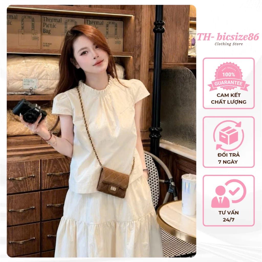 Set áo sơ mi tay hến cổ xếp li mix chân váy dài form xoè kiểu dáng đơn giản basic chất đũi mềm mát