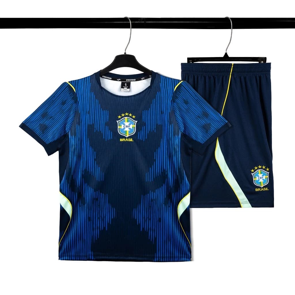 Bộ Quần Áo Bóng Đá Brazil Sân Khách WC26 - Xanh Đen, Vải Mè Cho Nam Nữ, Có In Tên Số.